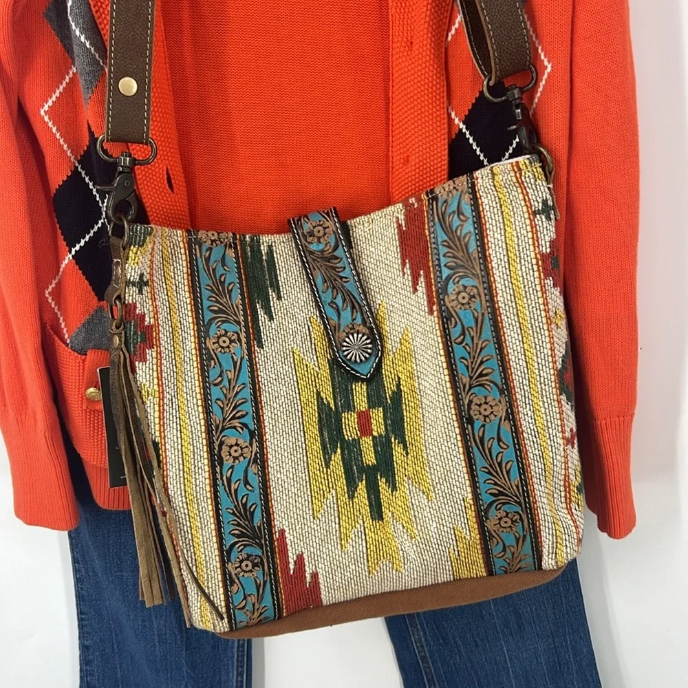 Myra Bag Beaming & Bright Hand-Tooled Bag aztec embroidered Crossbody bag